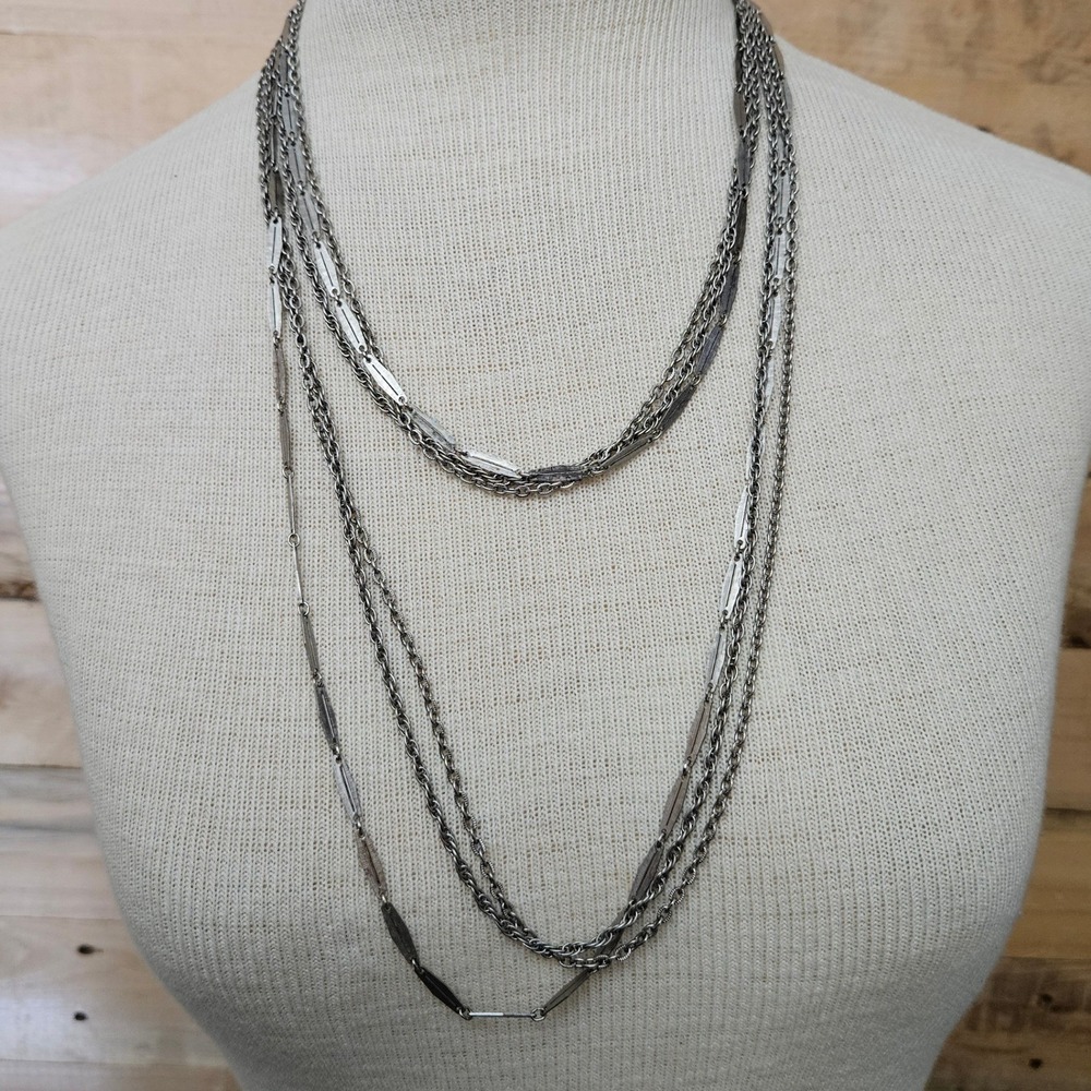 Vintage Silver Tone Multi Strand Layered Chain Necklace 50 Inch Long Bar Link